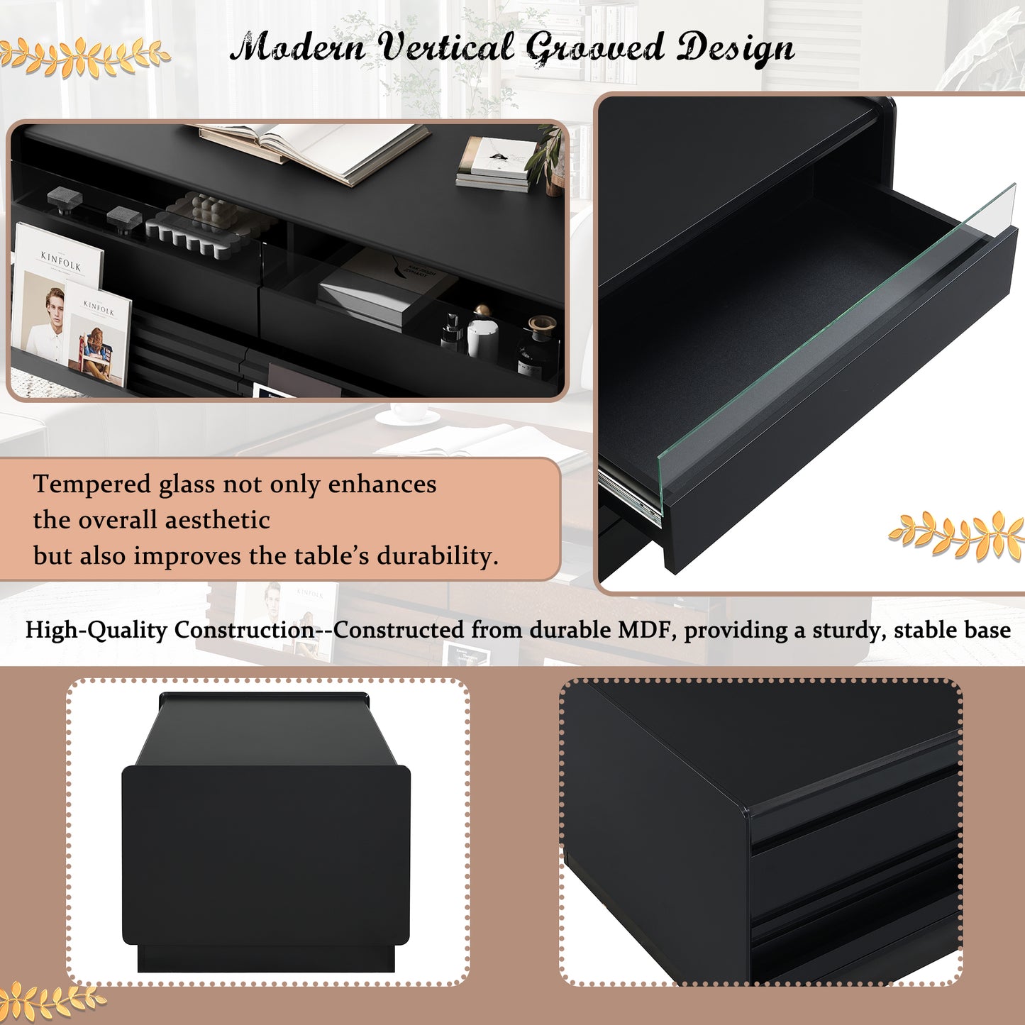 U-Can Modern Rectangle Coffee Table with 4 Drawers and 2 Display Shelves, 47.2' Wood Coffee Table with Fluted Style, Tempered Glass for Living Room