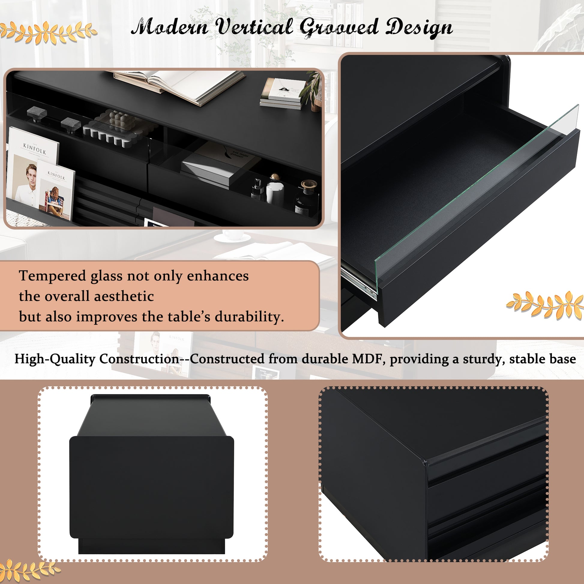 U-Can Modern Rectangle Coffee Table with 4 Drawers and 2 Display Shelves, 47.2' Wood Coffee Table with Fluted Style, Tempered Glass for Living Room