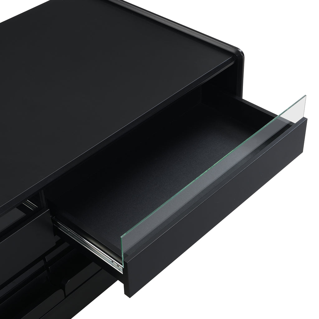 U-Can Modern Rectangle Coffee Table with 4 Drawers and 2 Display Shelves, 47.2' Wood Coffee Table with Fluted Style, Tempered Glass for Living Room