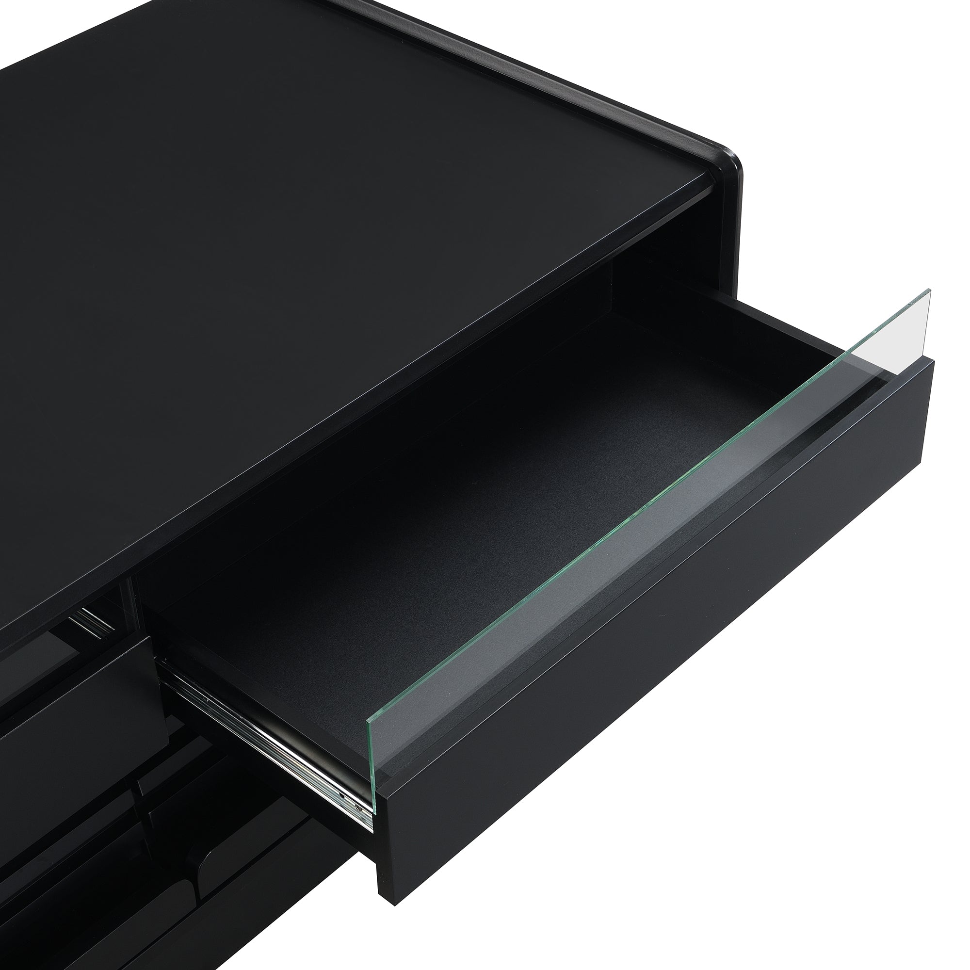 U-Can Modern Rectangle Coffee Table with 4 Drawers and 2 Display Shelves, 47.2' Wood Coffee Table with Fluted Style, Tempered Glass for Living Room