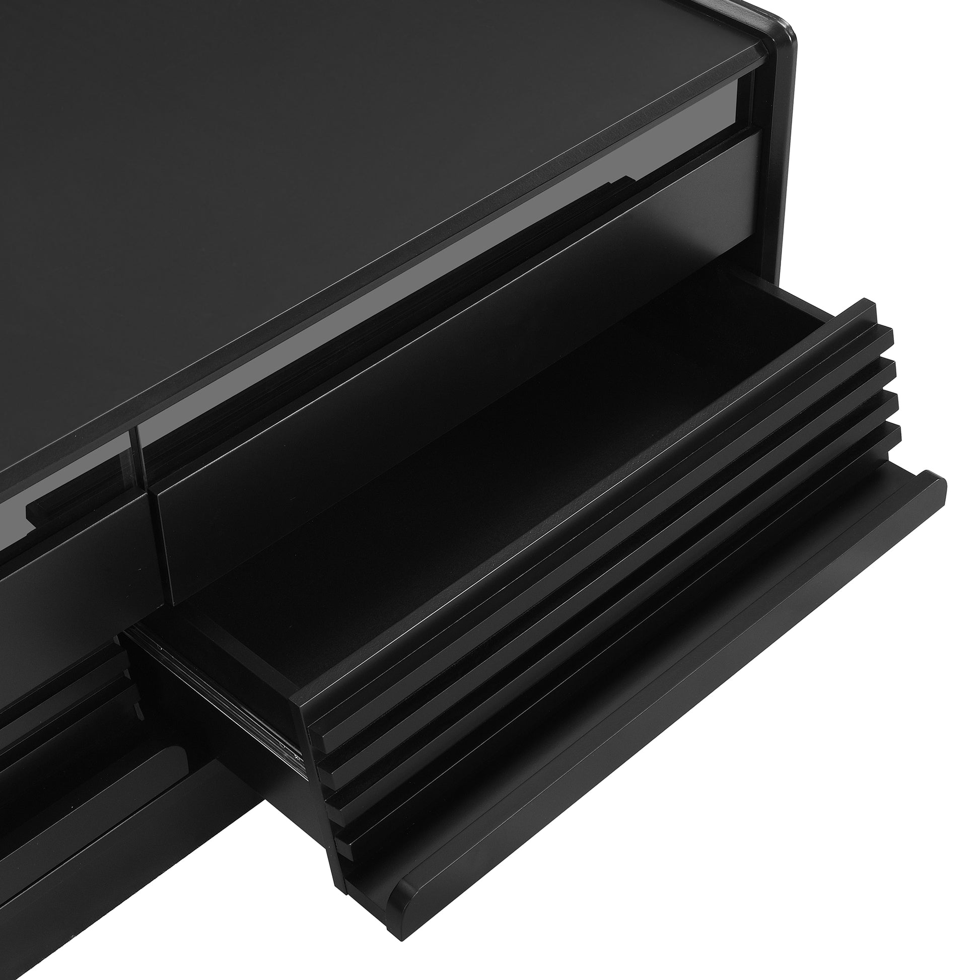 U-Can Modern Rectangle Coffee Table with 4 Drawers and 2 Display Shelves, 47.2' Wood Coffee Table with Fluted Style, Tempered Glass for Living Room