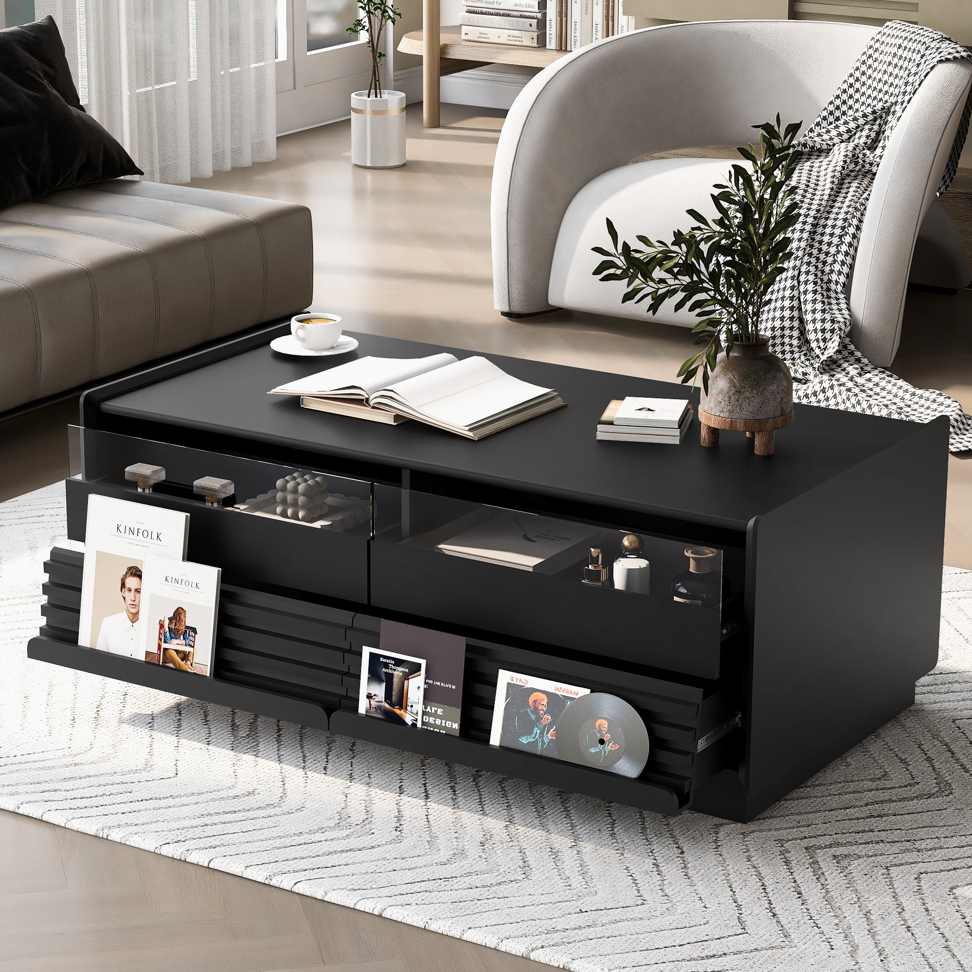 U-Can Modern Rectangle Coffee Table with 4 Drawers and 2 Display Shelves, 47.2' Wood Coffee Table with Fluted Style, Tempered Glass for Living Room