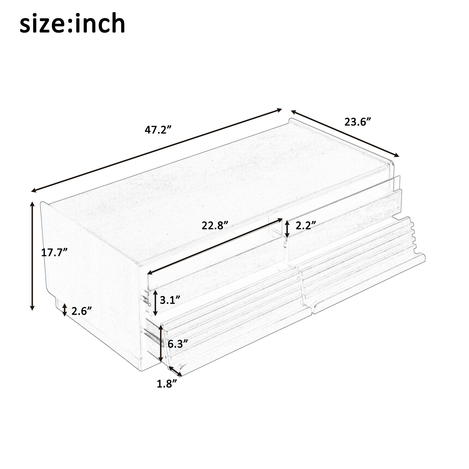 U-Can Modern Rectangle Coffee Table with 4 Drawers and 2 Display Shelves, 47.2' Wood Coffee Table with Fluted Style, Tempered Glass for Living Room
