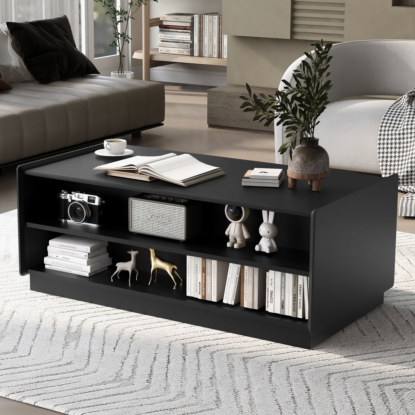 U-Can Modern Rectangle Coffee Table with 4 Drawers and 2 Display Shelves, 47.2' Wood Coffee Table with Fluted Style, Tempered Glass for Living Room
