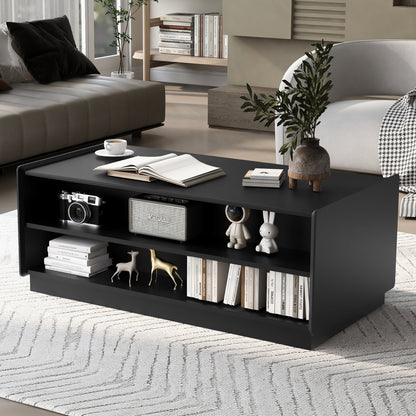 U-Can Modern Rectangle Coffee Table with 4 Drawers and 2 Display Shelves, 47.2' Wood Coffee Table with Fluted Style, Tempered Glass for Living Room