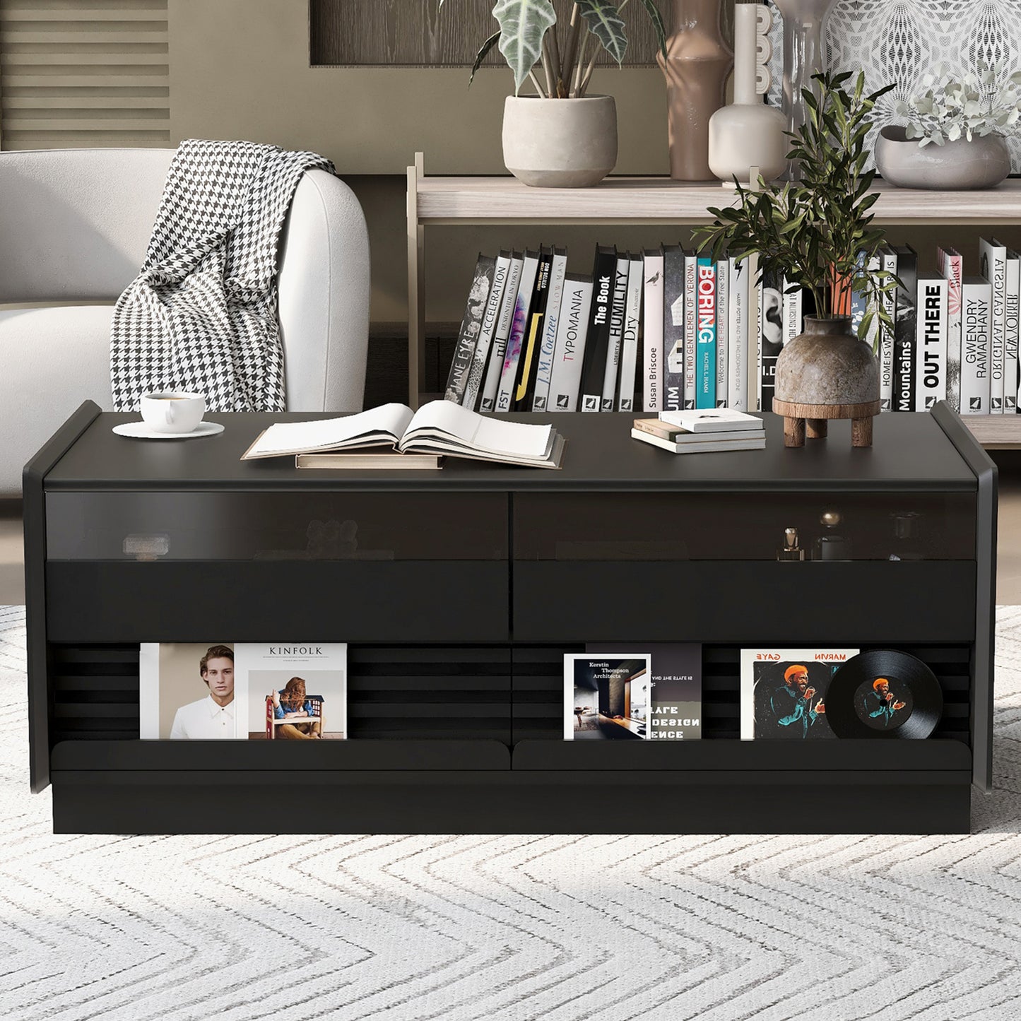 U-Can Modern Rectangle Coffee Table with 4 Drawers and 2 Display Shelves, 47.2' Wood Coffee Table with Fluted Style, Tempered Glass for Living Room
