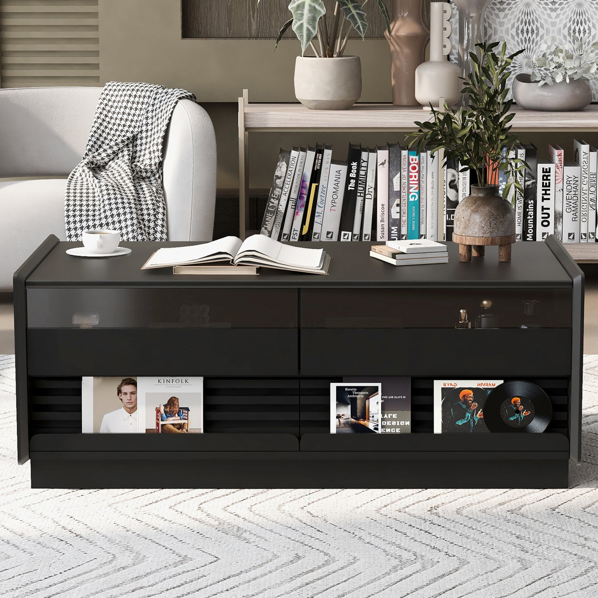 U-Can Modern Rectangle Coffee Table with 4 Drawers and 2 Display Shelves, 47.2' Wood Coffee Table with Fluted Style, Tempered Glass for Living Room