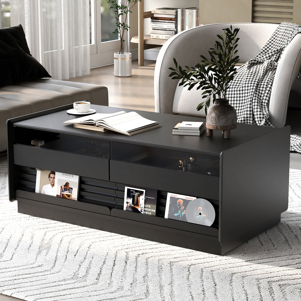U-Can Modern Rectangle Coffee Table with 4 Drawers and 2 Display Shelves, 47.2' Wood Coffee Table with Fluted Style, Tempered Glass for Living Room