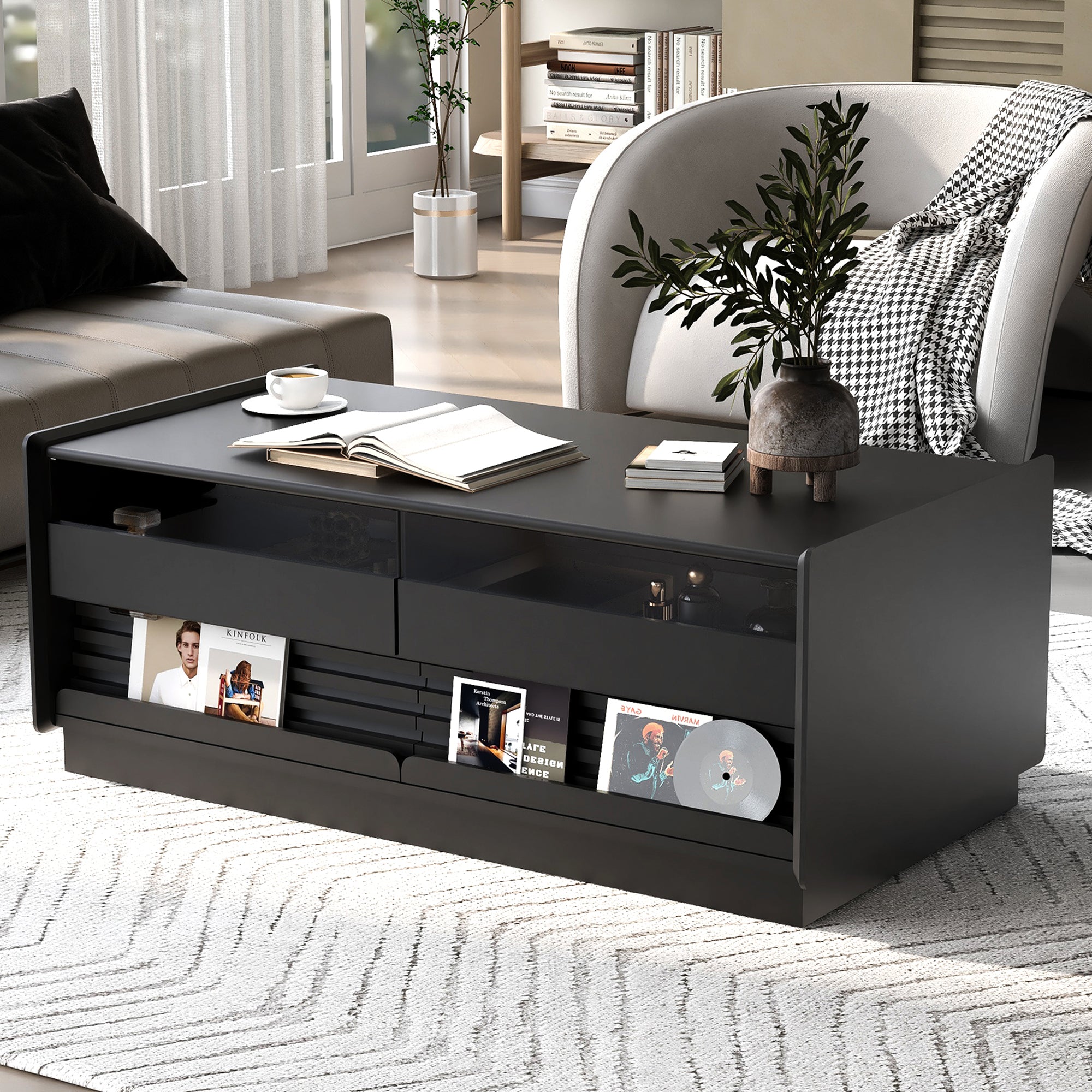 U-Can Modern Rectangle Coffee Table with 4 Drawers and 2 Display Shelves, 47.2' Wood Coffee Table with Fluted Style, Tempered Glass for Living Room