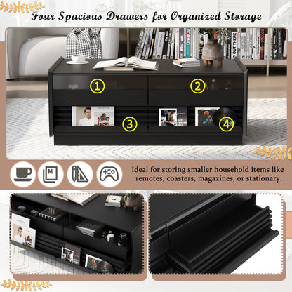 U-Can Modern Rectangle Coffee Table with 4 Drawers and 2 Display Shelves, 47.2' Wood Coffee Table with Fluted Style, Tempered Glass for Living Room