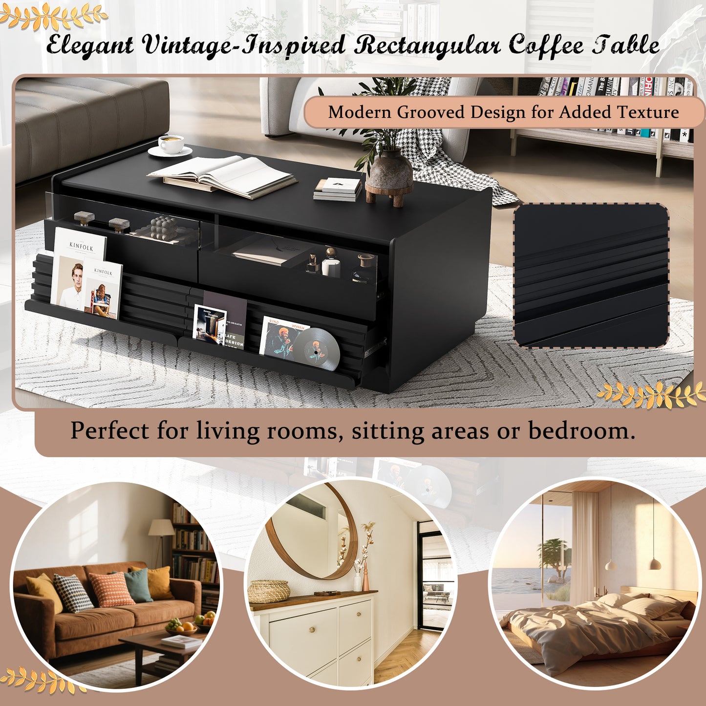 U-Can Modern Rectangle Coffee Table with 4 Drawers and 2 Display Shelves, 47.2' Wood Coffee Table with Fluted Style, Tempered Glass for Living Room