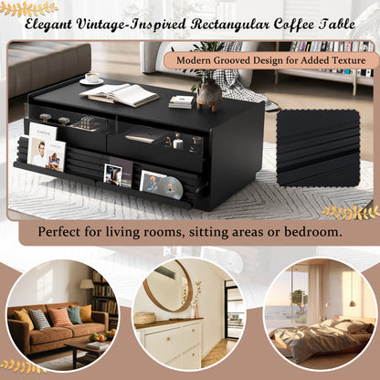 U-Can Modern Rectangle Coffee Table with 4 Drawers and 2 Display Shelves, 47.2' Wood Coffee Table with Fluted Style, Tempered Glass for Living Room