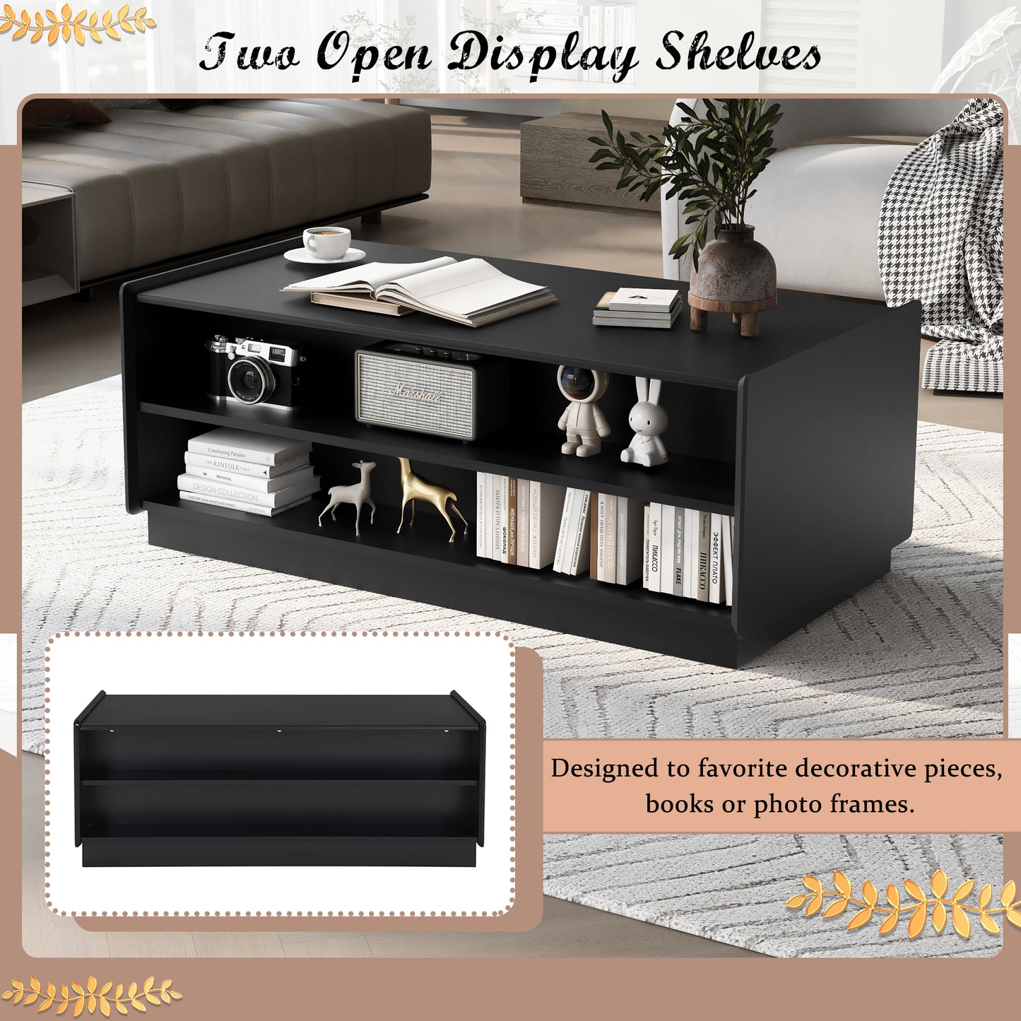 U-Can Modern Rectangle Coffee Table with 4 Drawers and 2 Display Shelves, 47.2' Wood Coffee Table with Fluted Style, Tempered Glass for Living Room