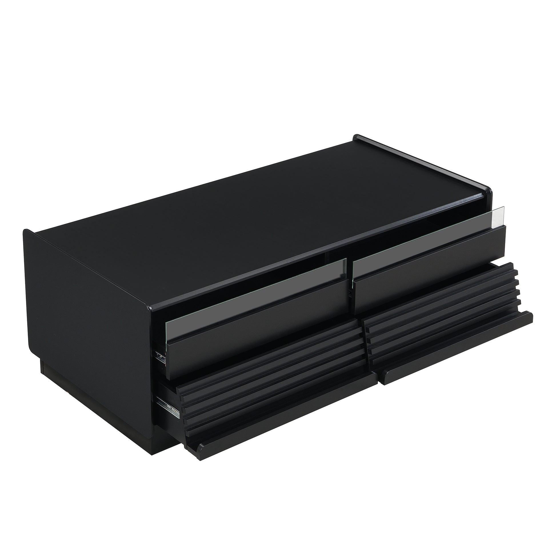 U-Can Modern Rectangle Coffee Table with 4 Drawers and 2 Display Shelves, 47.2' Wood Coffee Table with Fluted Style, Tempered Glass for Living Room