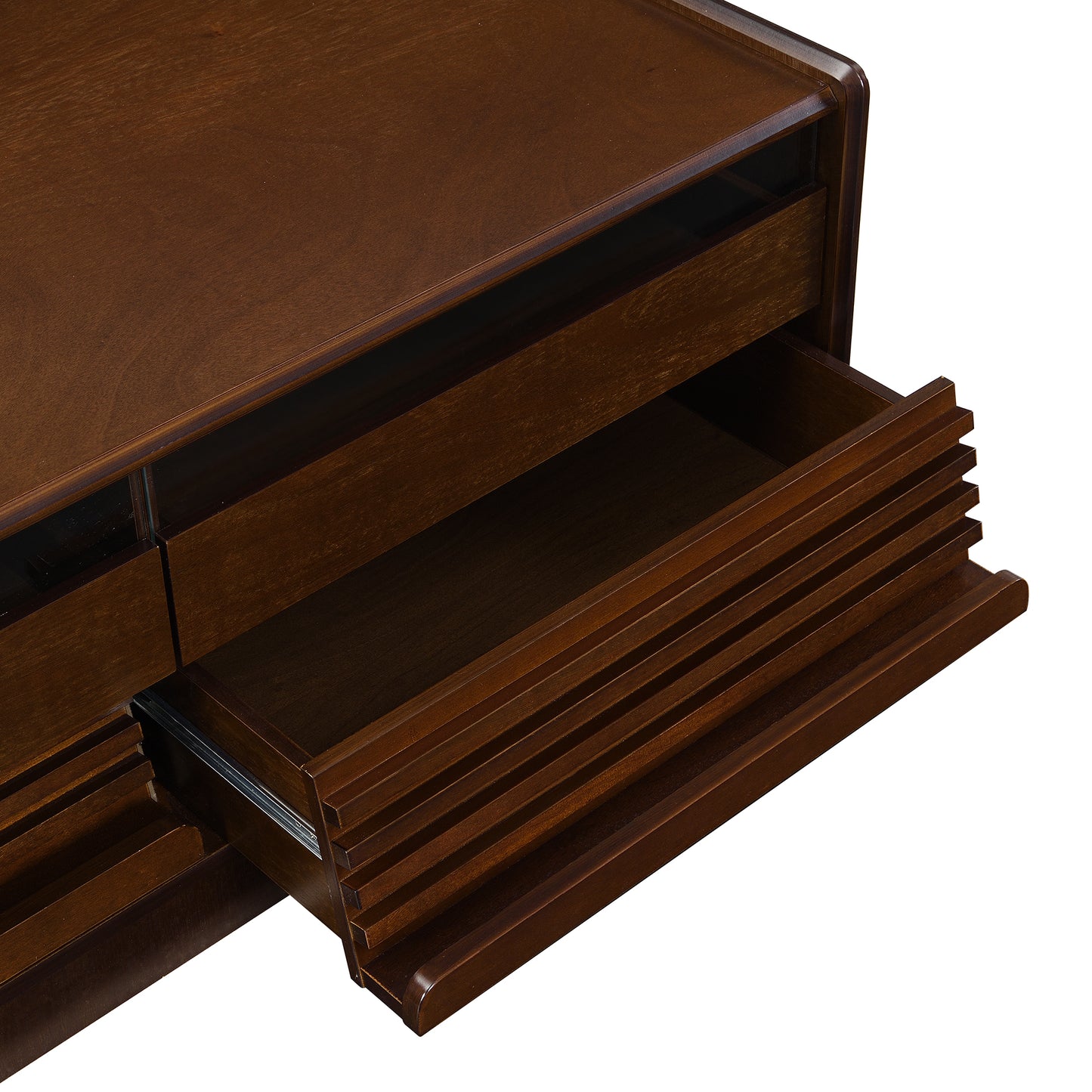 U-Can Modern Rectangle Coffee Table with 4 Drawers and 2 Display Shelves, 47.2' Wood Coffee Table with Fluted Style, Tempered Glass for Living Room