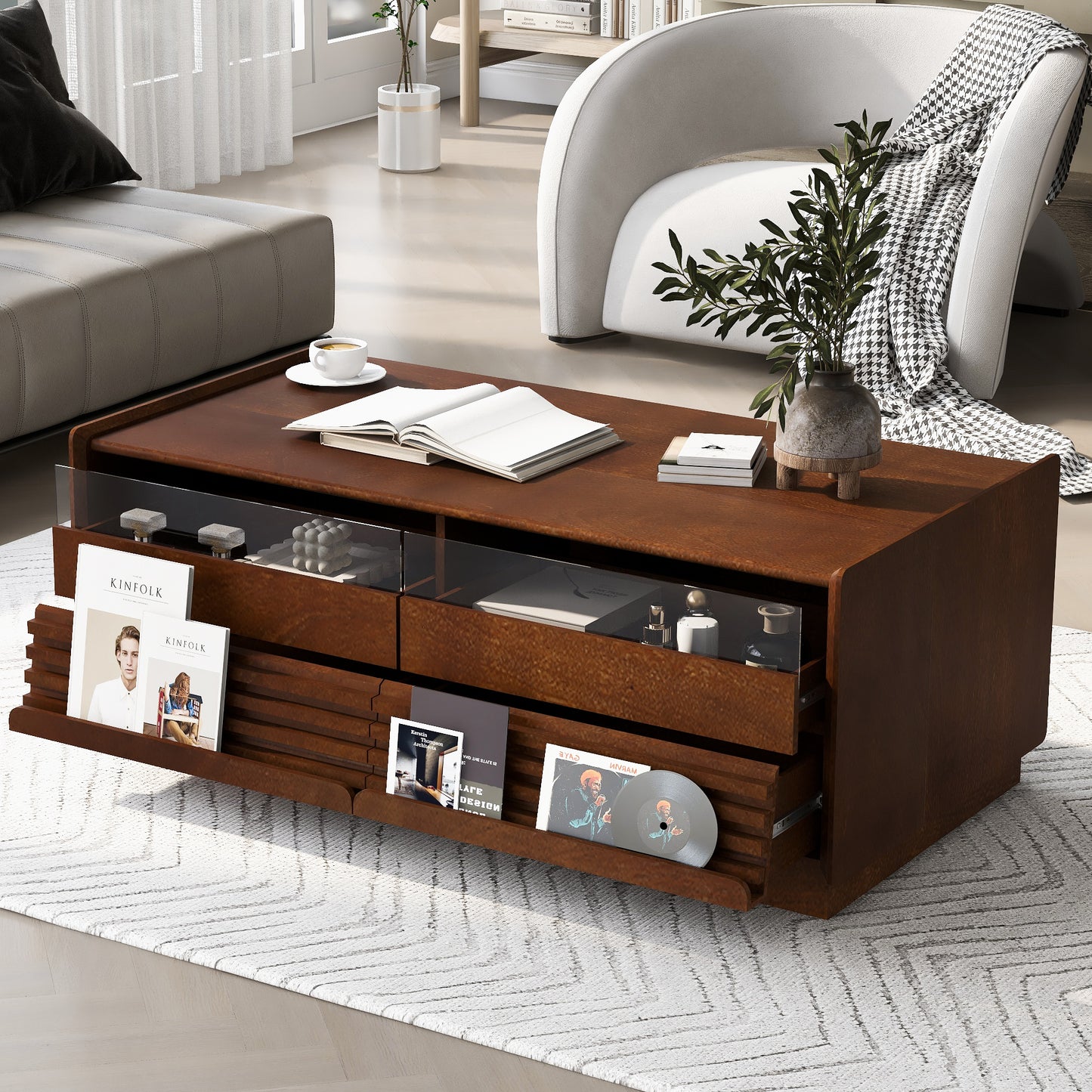 U-Can Modern Rectangle Coffee Table with 4 Drawers and 2 Display Shelves, 47.2' Wood Coffee Table with Fluted Style, Tempered Glass for Living Room