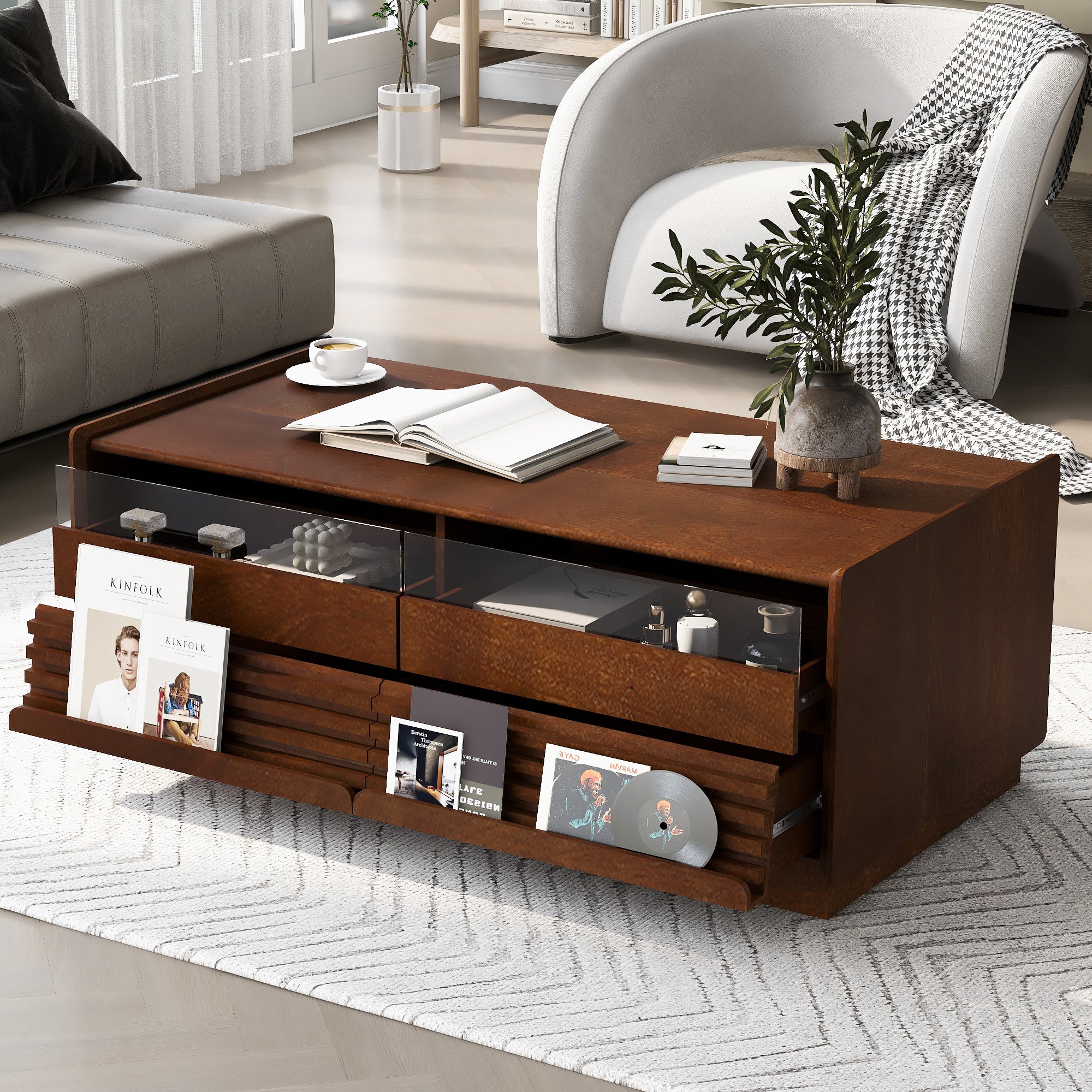 U-Can Modern Rectangle Coffee Table with 4 Drawers and 2 Display Shelves, 47.2' Wood Coffee Table with Fluted Style, Tempered Glass for Living Room