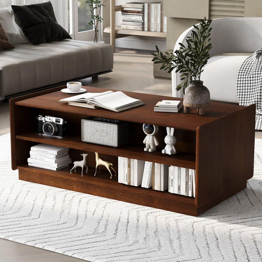 Modern Rectangle Wood Coffee Table with Storage Shelves.