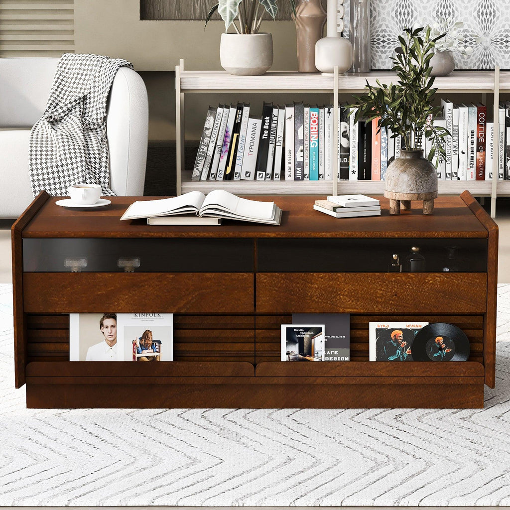 Modern Rectangle Wood Coffee Table with Storage Shelves.