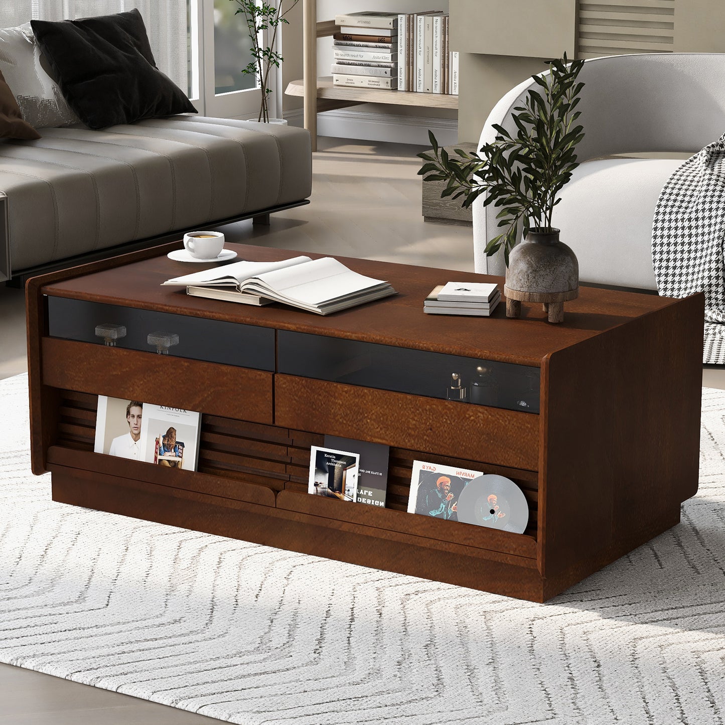 U-Can Modern Rectangle Coffee Table with 4 Drawers and 2 Display Shelves, 47.2' Wood Coffee Table with Fluted Style, Tempered Glass for Living Room