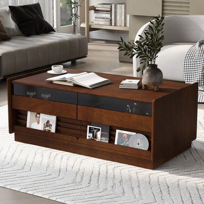U-Can Modern Rectangle Coffee Table with 4 Drawers and 2 Display Shelves, 47.2' Wood Coffee Table with Fluted Style, Tempered Glass for Living Room
