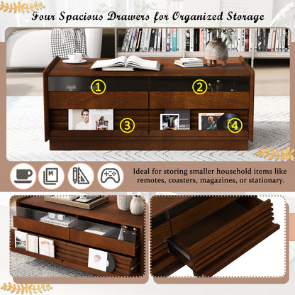 U-Can Modern Rectangle Coffee Table with 4 Drawers and 2 Display Shelves, 47.2' Wood Coffee Table with Fluted Style, Tempered Glass for Living Room