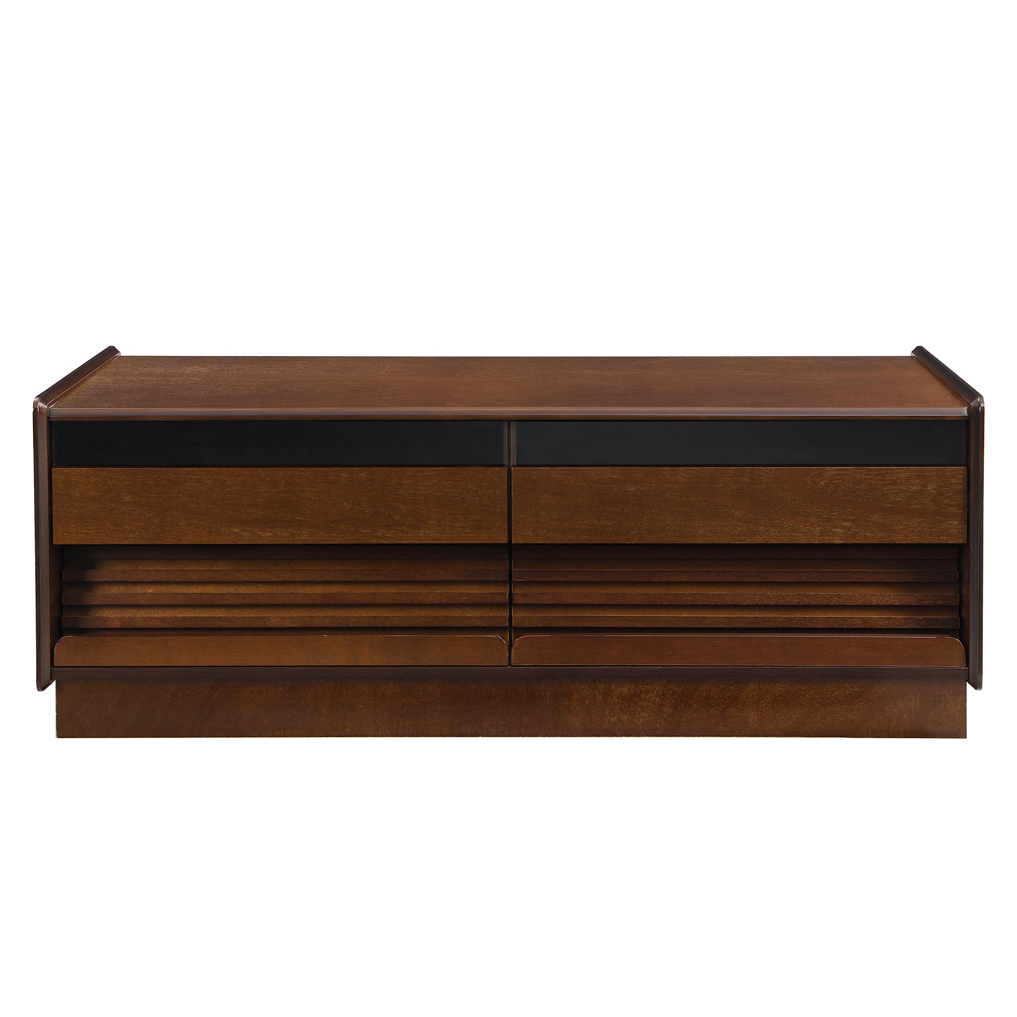 U-Can Modern Rectangle Coffee Table with 4 Drawers and 2 Display Shelves, 47.2' Wood Coffee Table with Fluted Style, Tempered Glass for Living Room