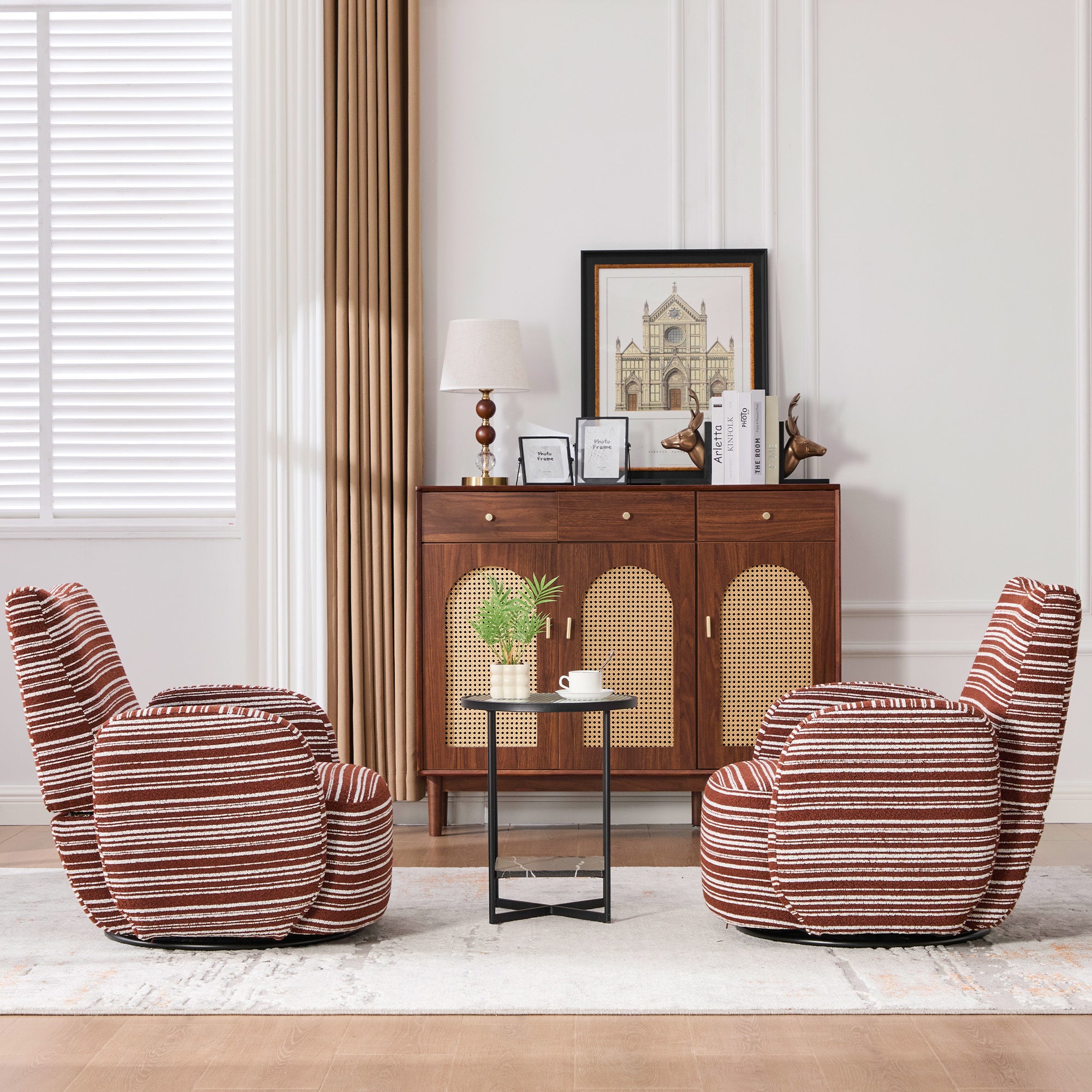 Modern Style 360° Swivel Leisure Chair Fabric Striped Armrest Swivel Chair with sand-rimmed fabric and metal bracket, suitable for living room, balcony and bedroom Accent Chair