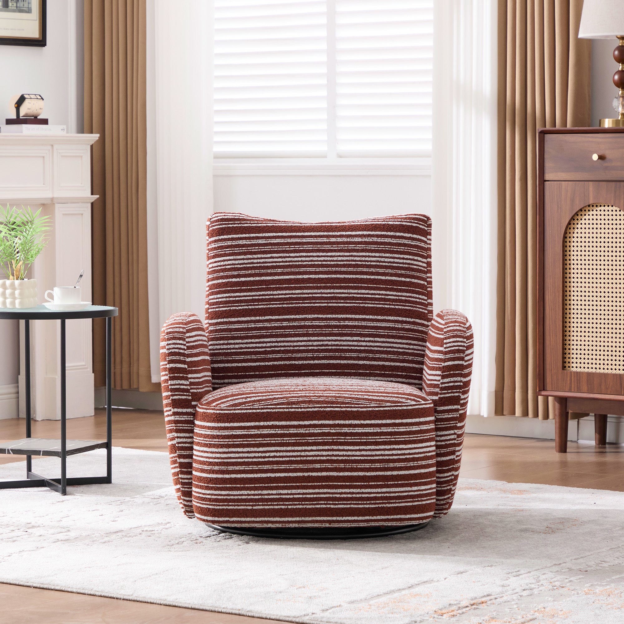 Modern Style 360° Swivel Leisure Chair Fabric Striped Armrest Swivel Chair with sand-rimmed fabric and metal bracket, suitable for living room, balcony and bedroom Accent Chair