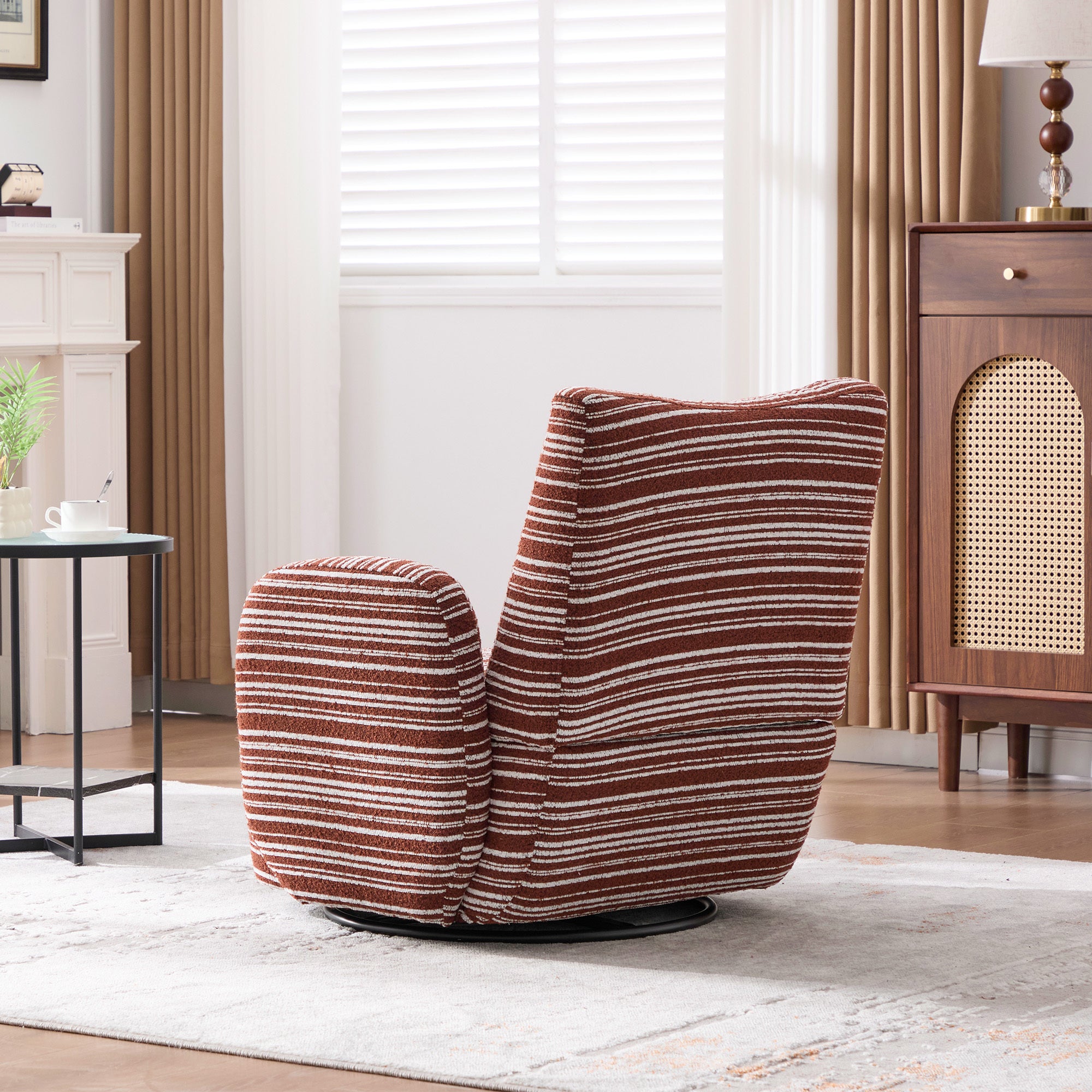 Modern Style 360° Swivel Leisure Chair Fabric Striped Armrest Swivel Chair with sand-rimmed fabric and metal bracket, suitable for living room, balcony and bedroom Accent Chair