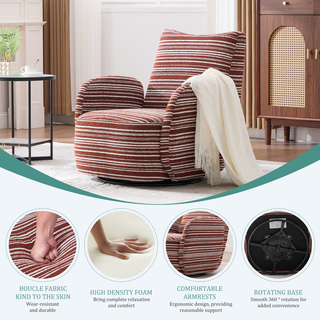 Modern Style 360° Swivel Leisure Chair Fabric Striped Armrest Swivel Chair with sand-rimmed fabric and metal bracket, suitable for living room, balcony and bedroom Accent Chair