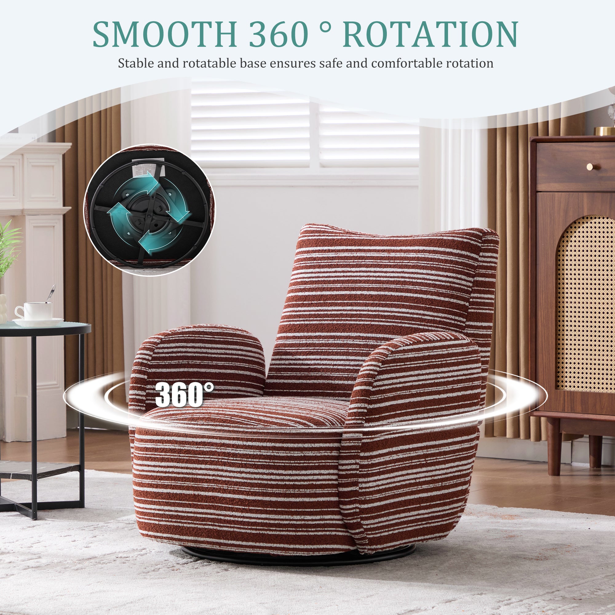 Modern Style 360° Swivel Leisure Chair Fabric Striped Armrest Swivel Chair with sand-rimmed fabric and metal bracket, suitable for living room, balcony and bedroom Accent Chair