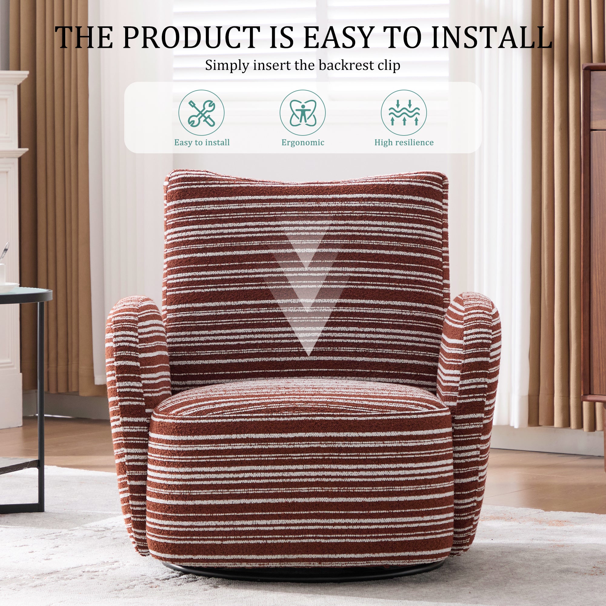 Modern Style 360° Swivel Leisure Chair Fabric Striped Armrest Swivel Chair with sand-rimmed fabric and metal bracket, suitable for living room, balcony and bedroom Accent Chair