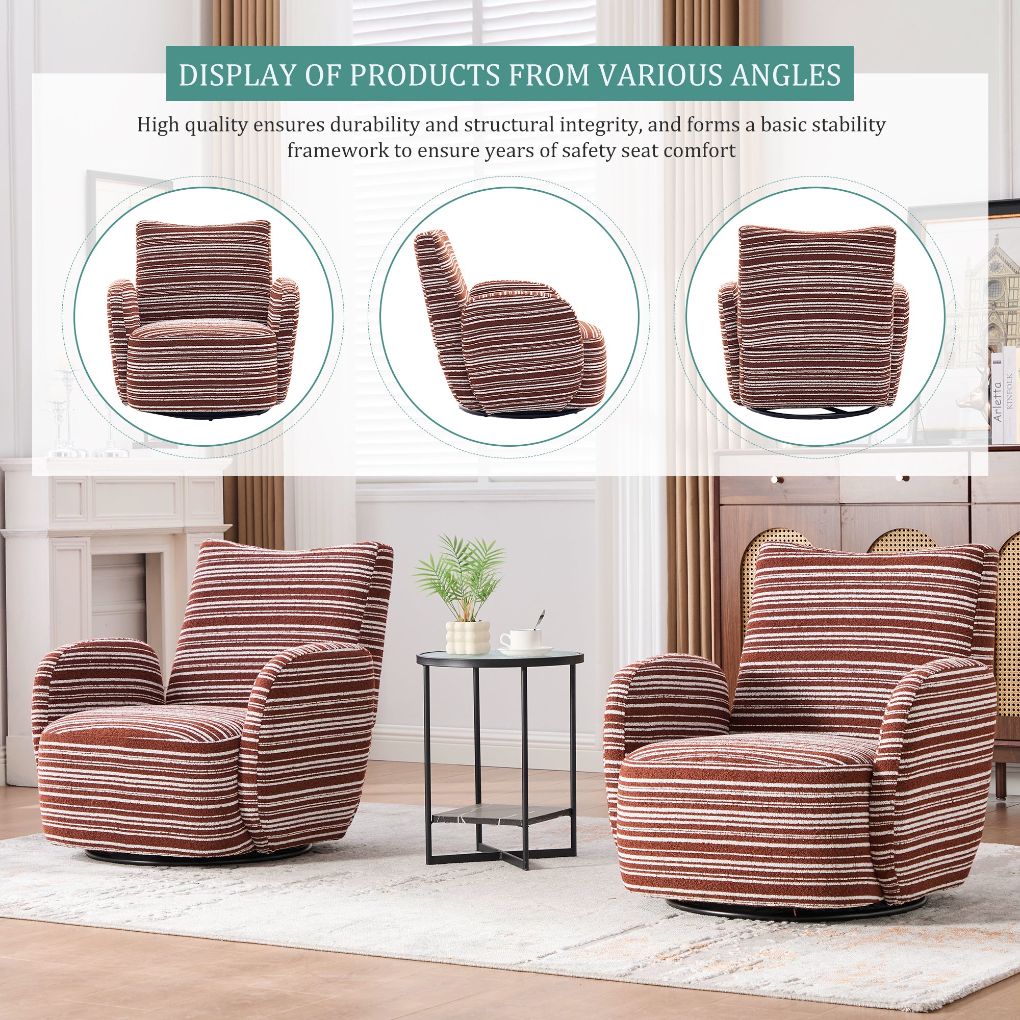 Modern Style 360° Swivel Leisure Chair Fabric Striped Armrest Swivel Chair with sand-rimmed fabric and metal bracket, suitable for living room, balcony and bedroom Accent Chair