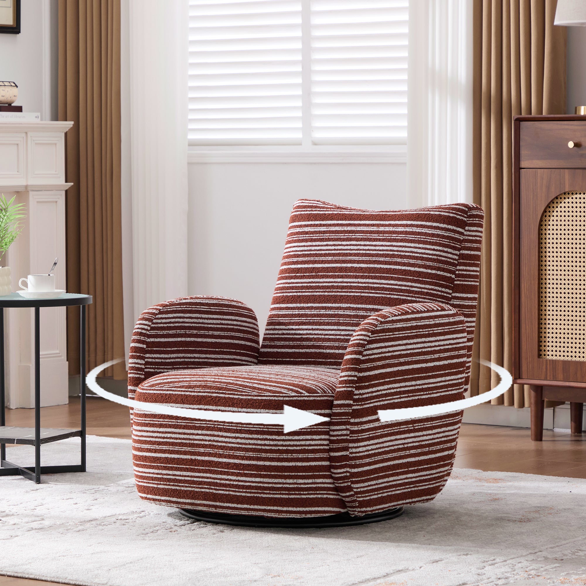 Modern Style 360° Swivel Leisure Chair Fabric Striped Armrest Swivel Chair with sand-rimmed fabric and metal bracket, suitable for living room, balcony and bedroom Accent Chair