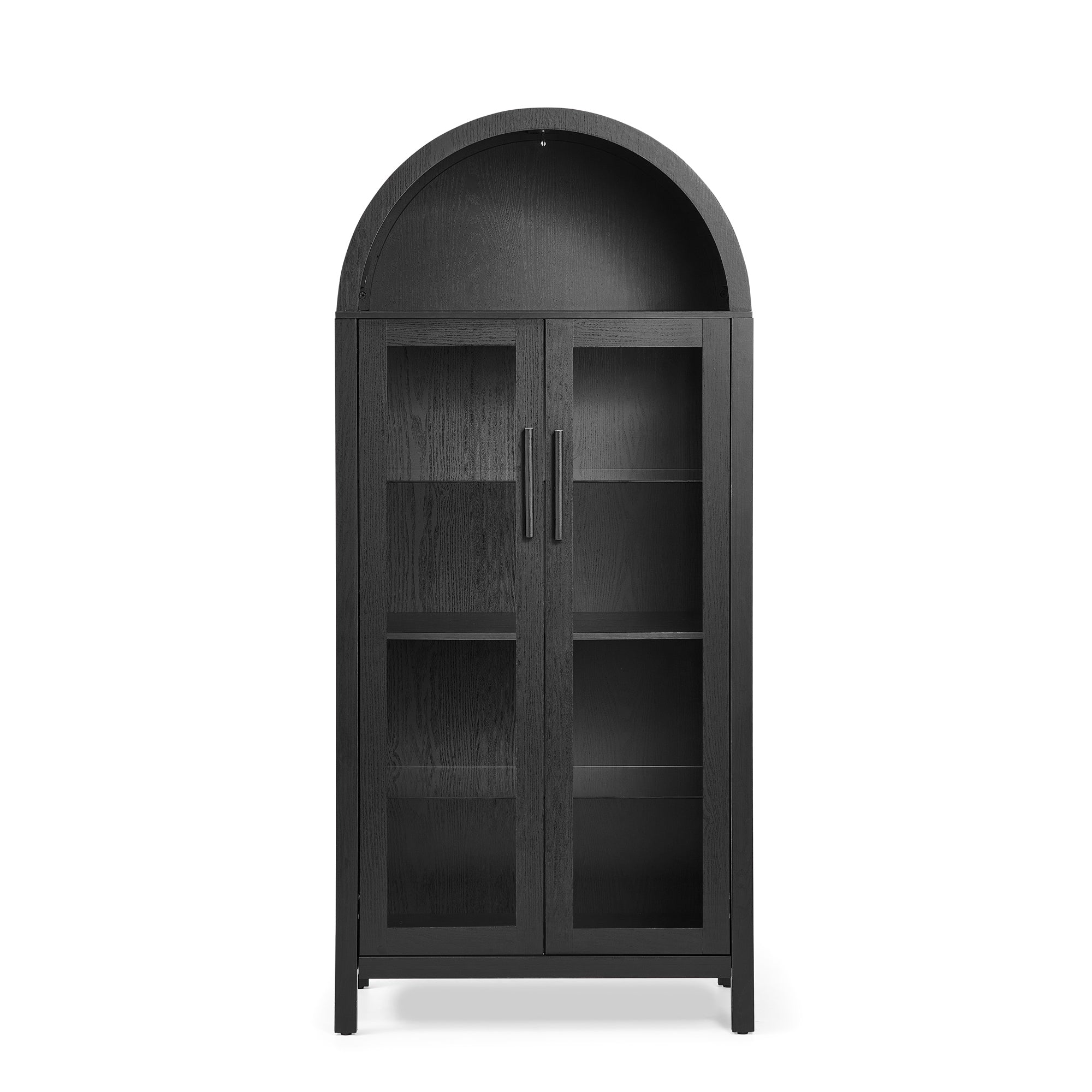 A high arched storage cabinet with a lamp, a modern retro-style wooden storage cabinet with adjustable glass partitions, suitable for use as a multi-functional cabinet in kitchens-Black Food Pantry