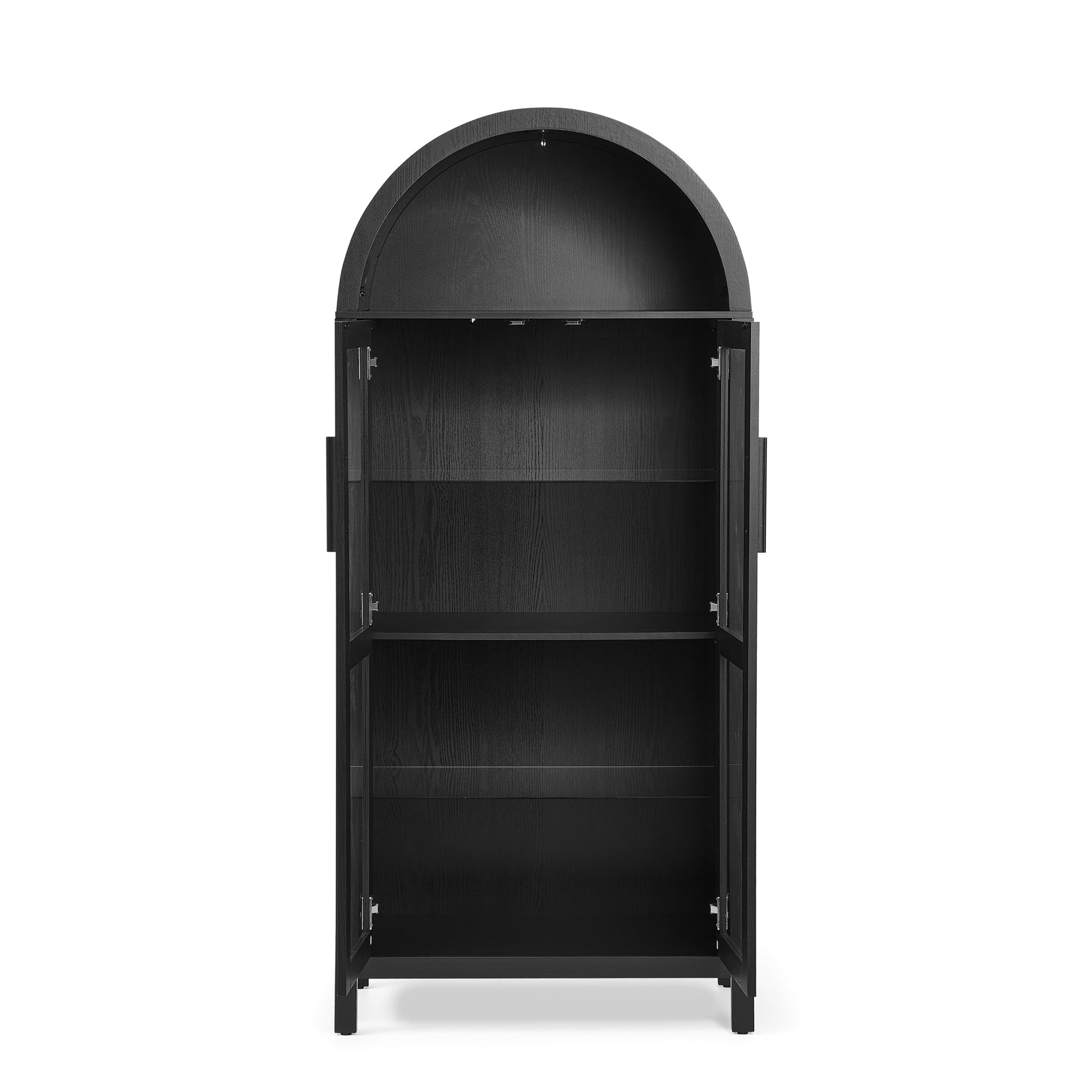 A high arched storage cabinet with a lamp, a modern retro-style wooden storage cabinet with adjustable glass partitions, suitable for use as a multi-functional cabinet in kitchens-Black Food Pantry