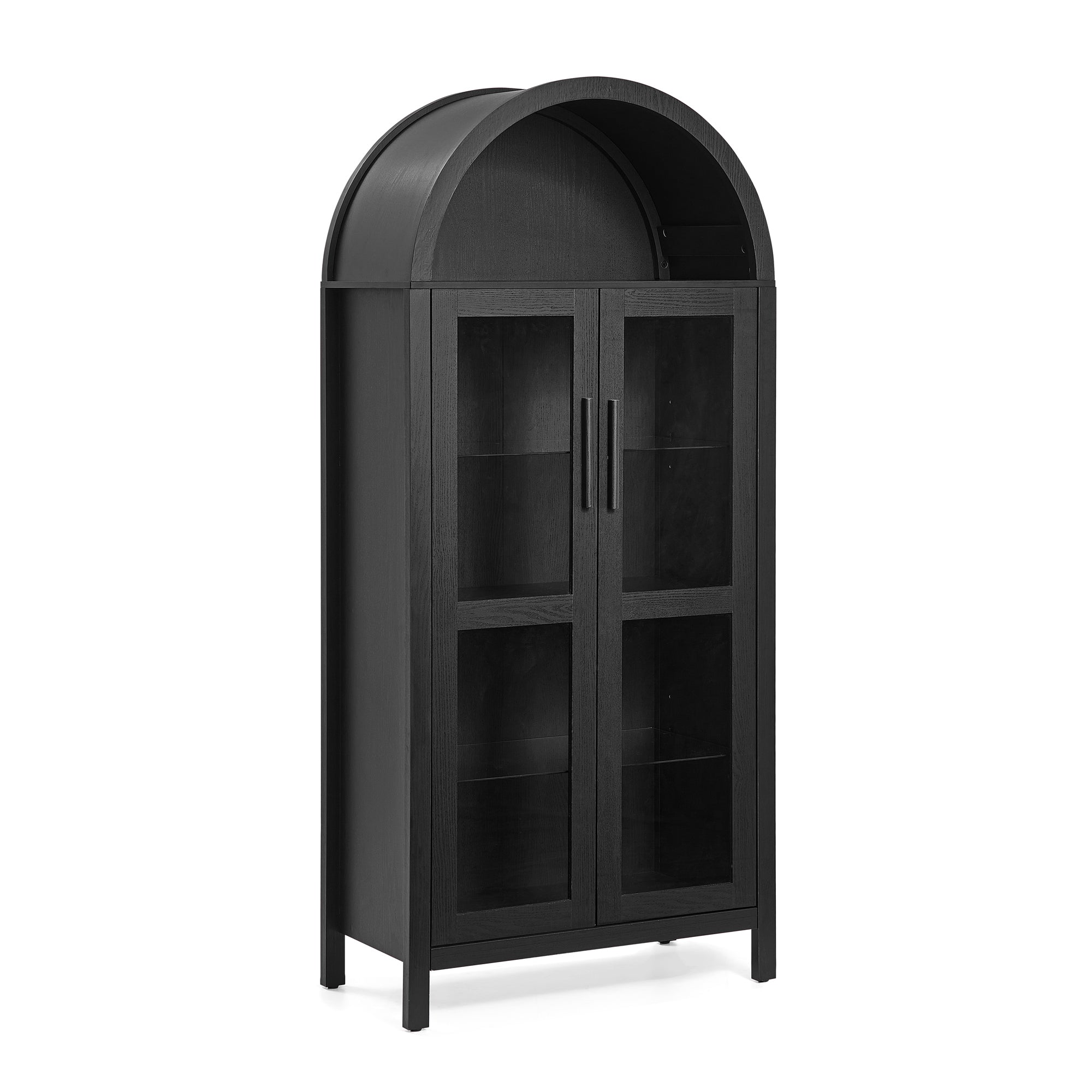 A high arched storage cabinet with a lamp, a modern retro-style wooden storage cabinet with adjustable glass partitions, suitable for use as a multi-functional cabinet in kitchens-Black Food Pantry