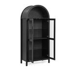 A high arched storage cabinet with a lamp, a modern retro-style wooden storage cabinet with adjustable glass partitions, suitable for use as a multi-functional cabinet in kitchens-Black Food Pantry