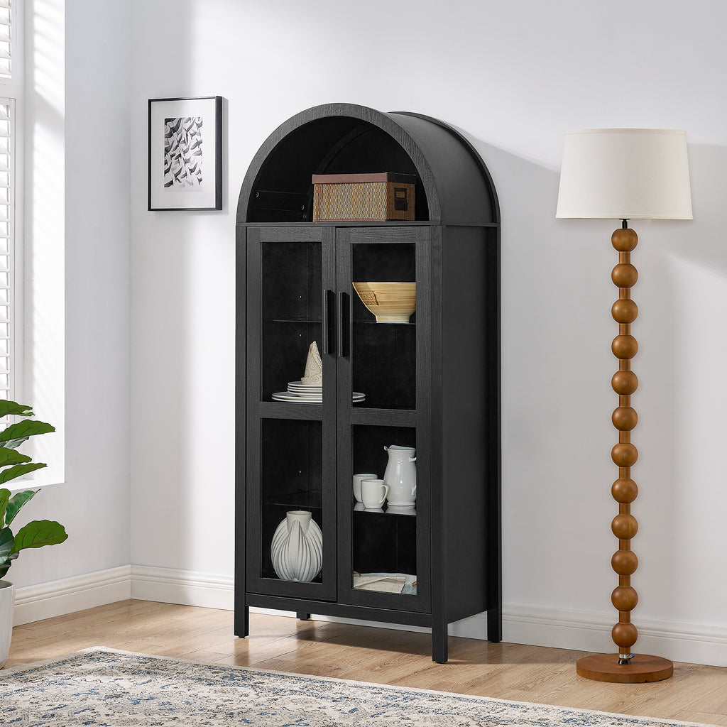 A high arched storage cabinet with a lamp, a modern retro-style wooden storage cabinet with adjustable glass partitions, suitable for use as a multi-functional cabinet in kitchens-Black Food Pantry