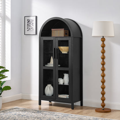 A high arched storage cabinet with a lamp, a modern retro-style wooden storage cabinet with adjustable glass partitions, suitable for use as a multi-functional cabinet in kitchens-Black Food Pantry