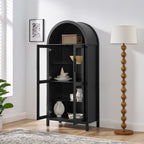 A high arched storage cabinet with a lamp, a modern retro-style wooden storage cabinet with adjustable glass partitions, suitable for use as a multi-functional cabinet in kitchens-Black Food Pantry