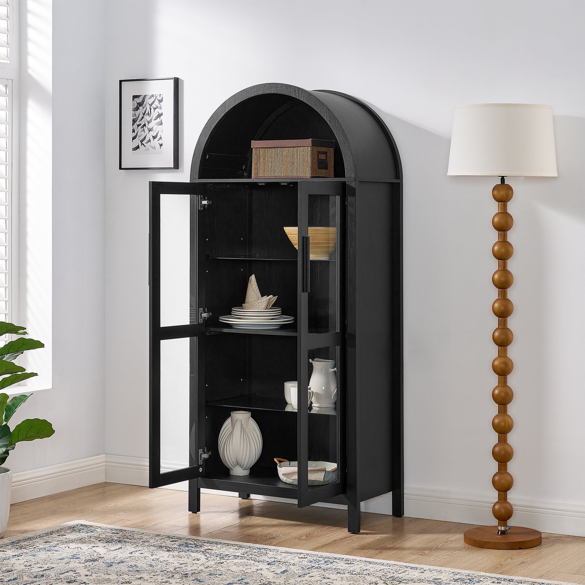 A high arched storage cabinet with a lamp, a modern retro-style wooden storage cabinet with adjustable glass partitions, suitable for use as a multi-functional cabinet in kitchens-Black Food Pantry