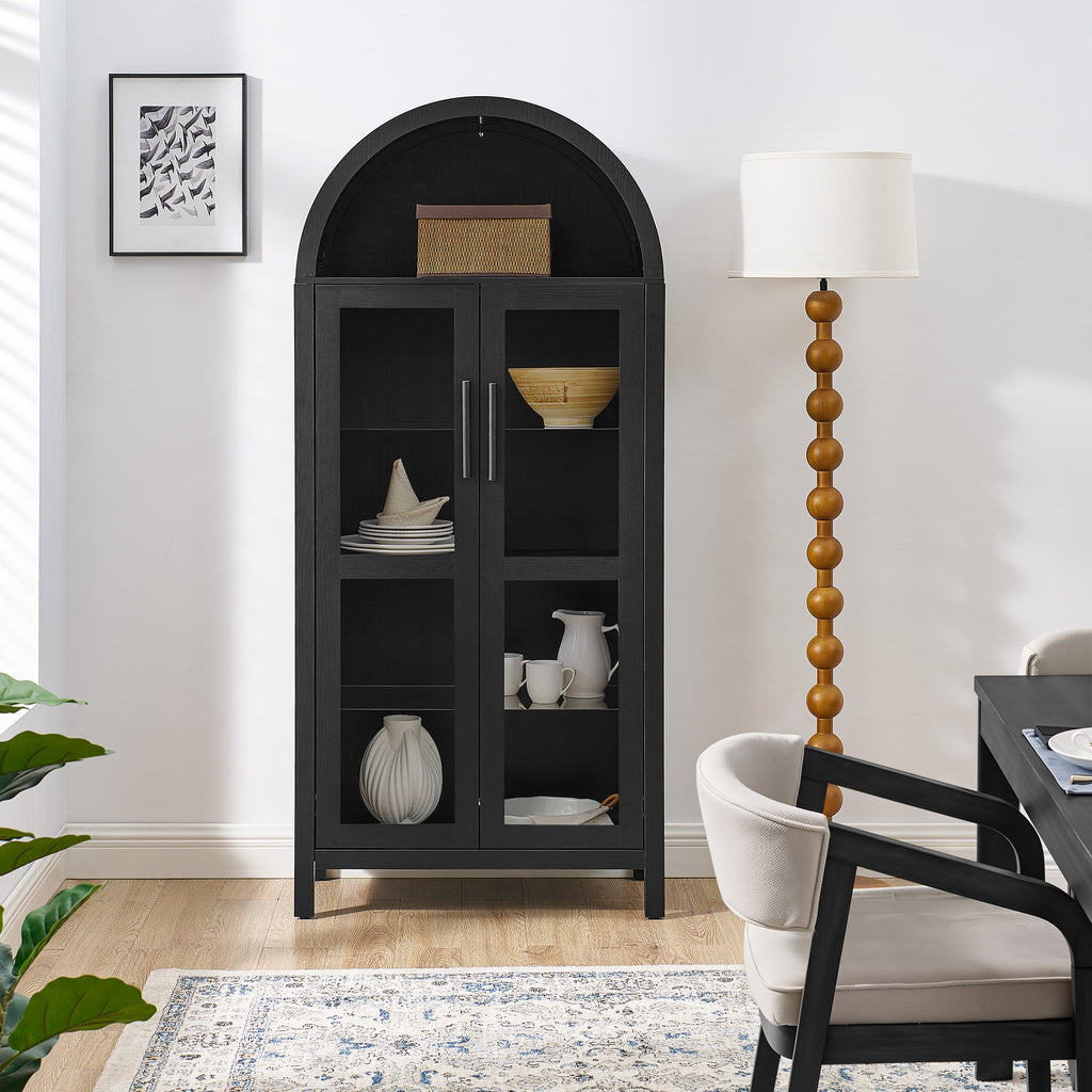 A high arched storage cabinet with a lamp, a modern retro-style wooden storage cabinet with adjustable glass partitions, suitable for use as a multi-functional cabinet in kitchens-Black Food Pantry