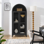A high arched storage cabinet with a lamp, a modern retro-style wooden storage cabinet with adjustable glass partitions, suitable for use as a multi-functional cabinet in kitchens-Black Food Pantry