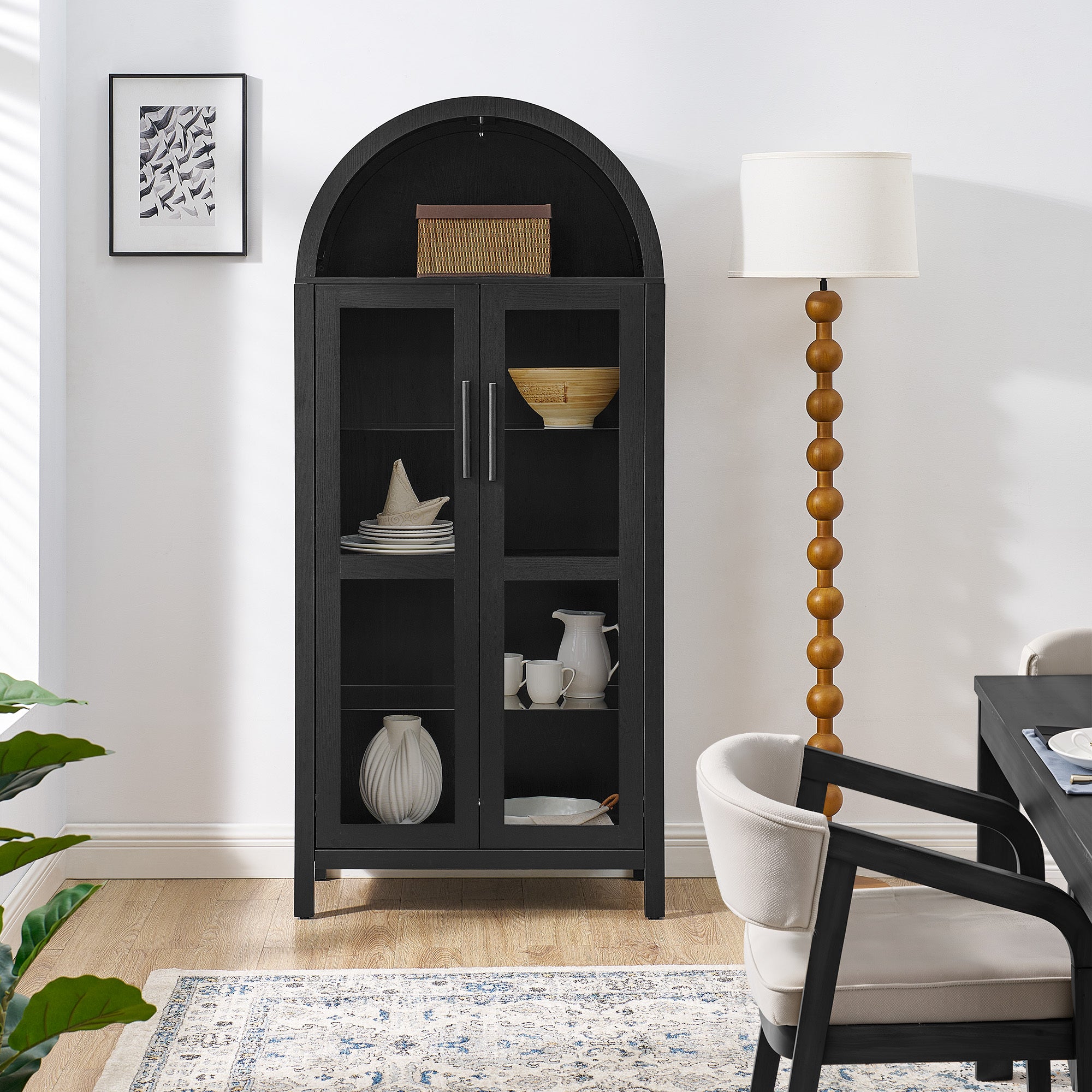 A high arched storage cabinet with a lamp, a modern retro-style wooden storage cabinet with adjustable glass partitions, suitable for use as a multi-functional cabinet in kitchens-Black Food Pantry