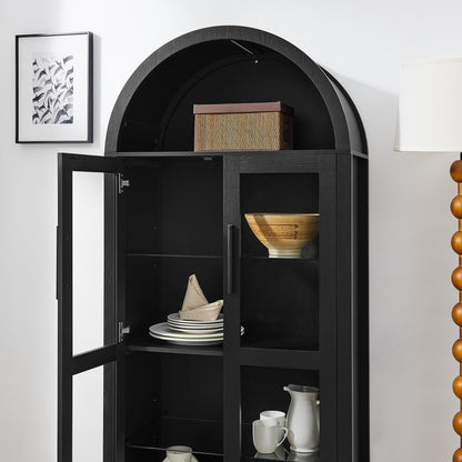 A high arched storage cabinet with a lamp, a modern retro-style wooden storage cabinet with adjustable glass partitions, suitable for use as a multi-functional cabinet in kitchens-Black Food Pantry