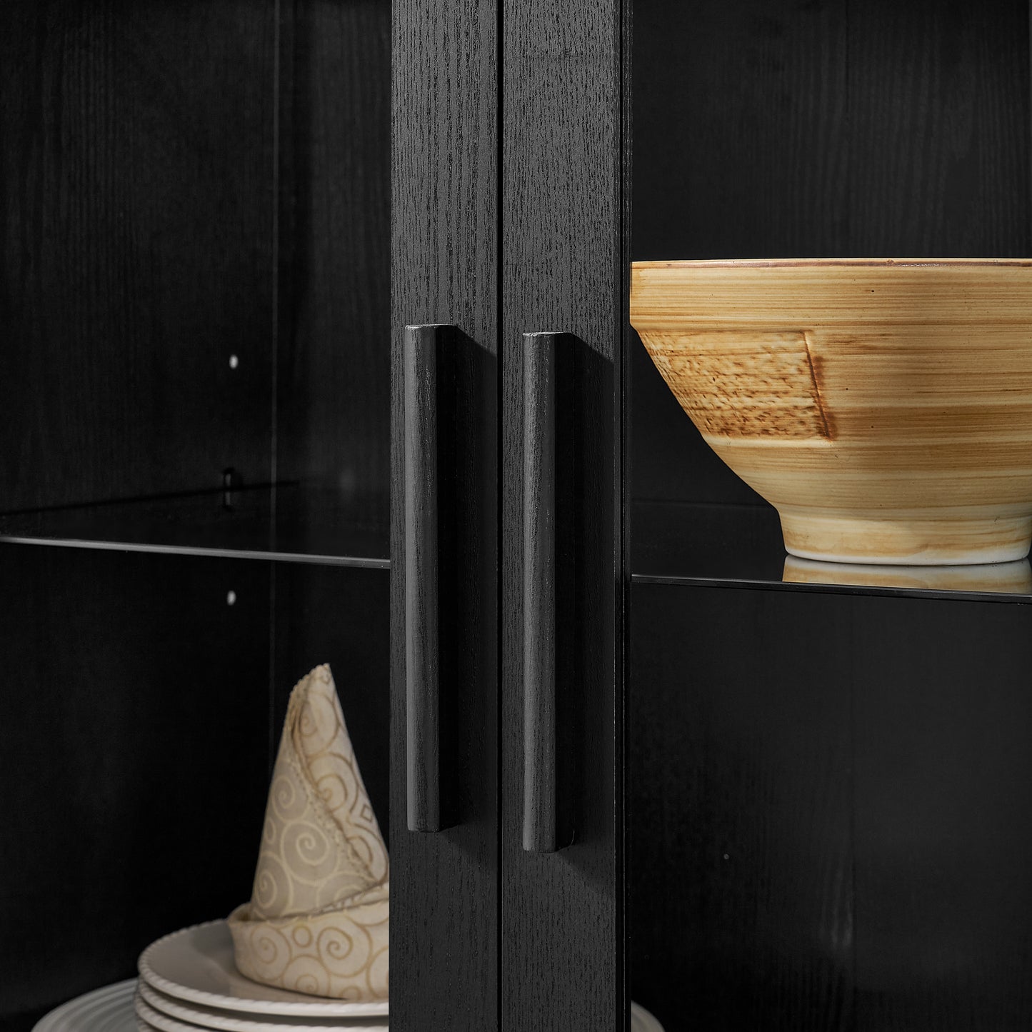 A high arched storage cabinet with a lamp, a modern retro-style wooden storage cabinet with adjustable glass partitions, suitable for use as a multi-functional cabinet in kitchens-Black Food Pantry