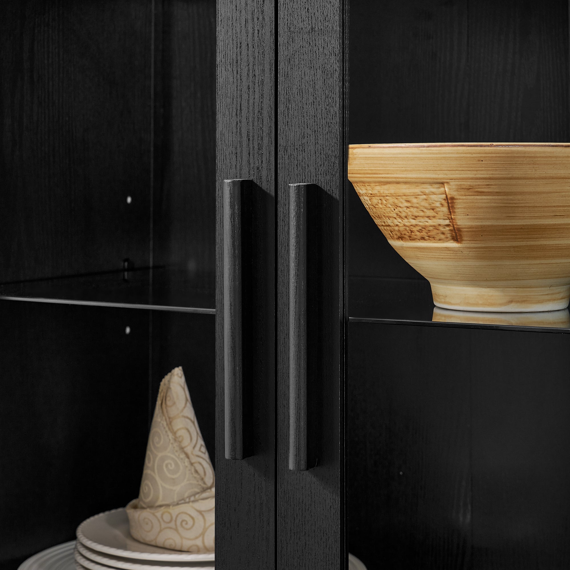 A high arched storage cabinet with a lamp, a modern retro-style wooden storage cabinet with adjustable glass partitions, suitable for use as a multi-functional cabinet in kitchens-Black Food Pantry