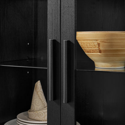 A high arched storage cabinet with a lamp, a modern retro-style wooden storage cabinet with adjustable glass partitions, suitable for use as a multi-functional cabinet in kitchens-Black Food Pantry